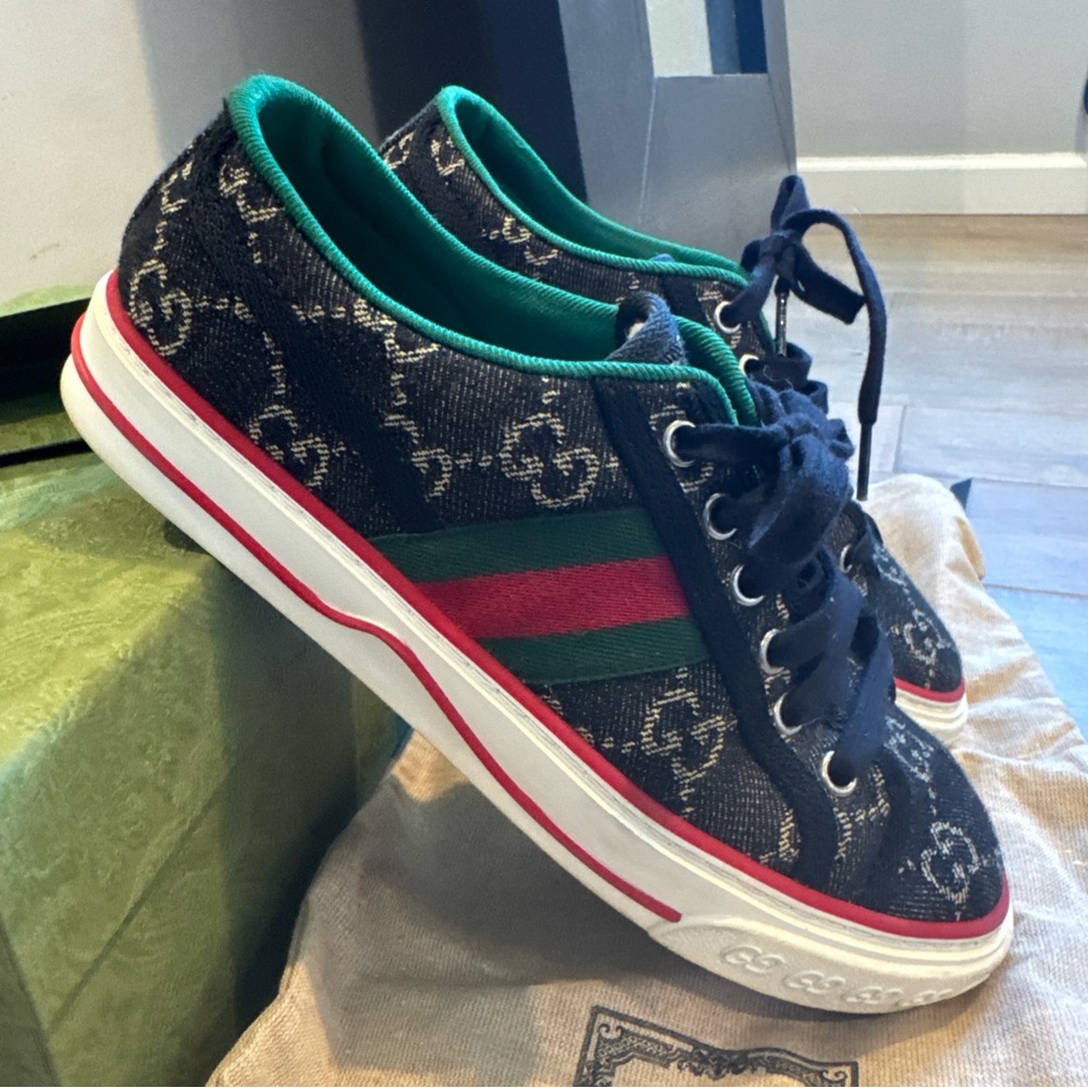 Gucci Tennis 1977 GG Signature Logo Black jacquard denim sneakers SZ 36 6 Womens